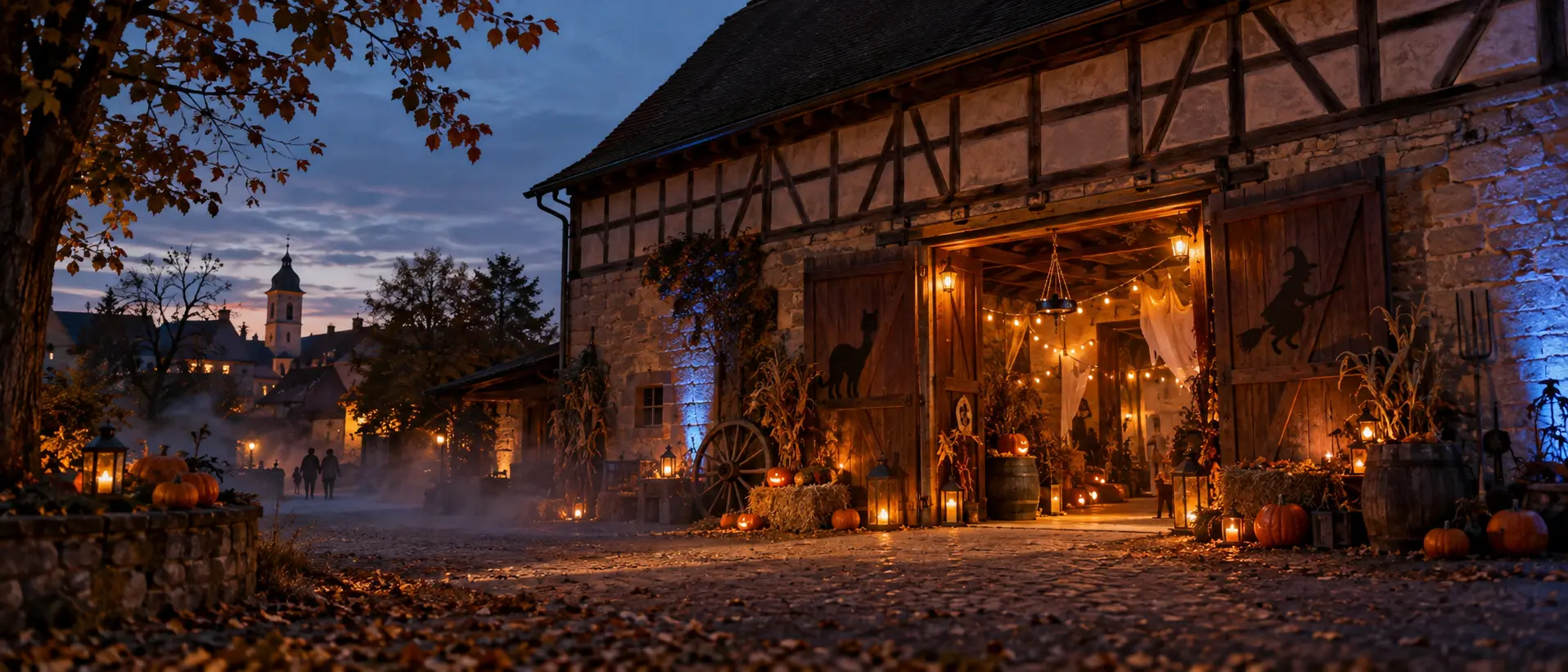 Warm beleuchtete historische Scheune mit Kürbissen an einem Herbstabend